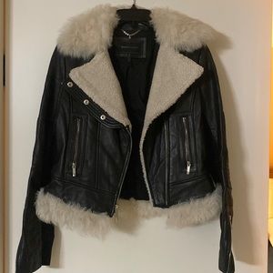 Leather moto jacket with lamb fur and Sherpa collar